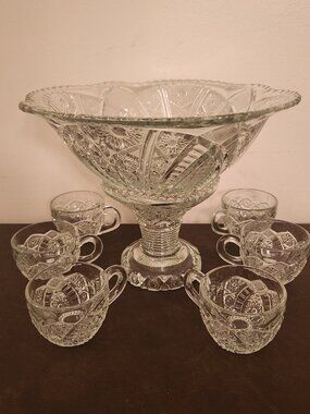 vintage seven-piece glass punch bowl and cup set by Concord Glass